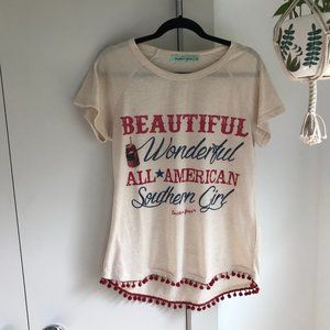 Graphic Tee with Pom Pom Fringe